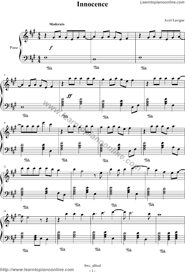 Innocence by Avril Lavigne Piano Sheet Music Free Download Online, 