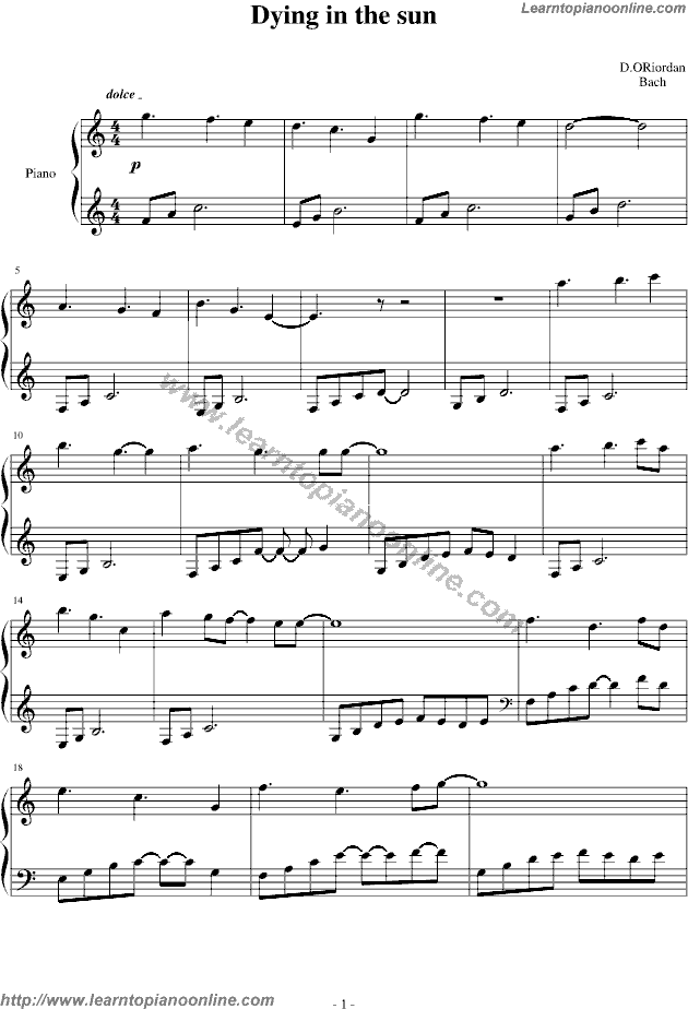 Dying in the sun by Cranberries Piano Sheet Music Free