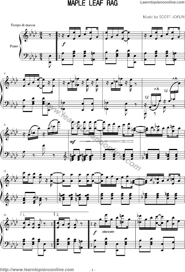 Maple Leaf Rag by Scott Joplin Piano Sheet Music Free