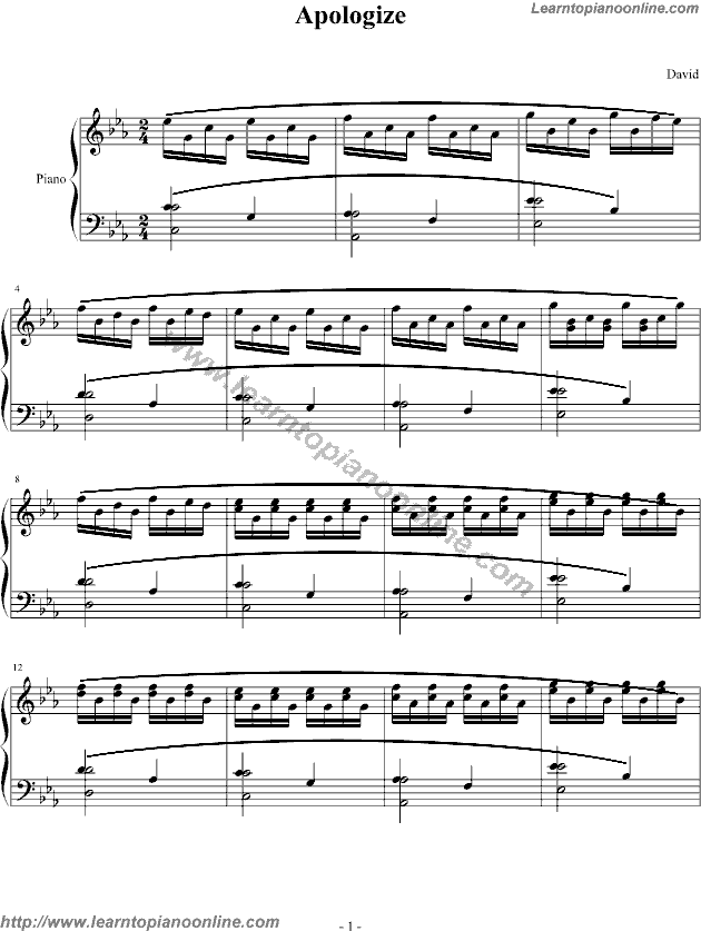 Apologize by One Republic Piano Sheet Music Free