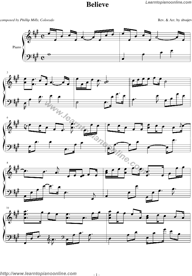 Believe by Phillip Mills Piano Sheet Music Free