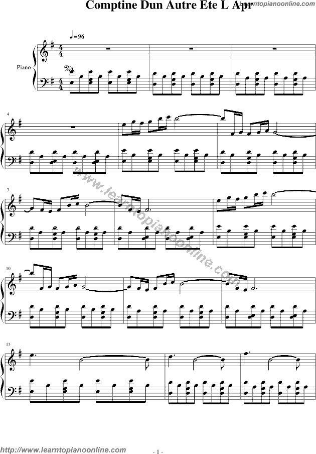 Comptine Dun Autre Ete L Apr Piano Sheet Music Free