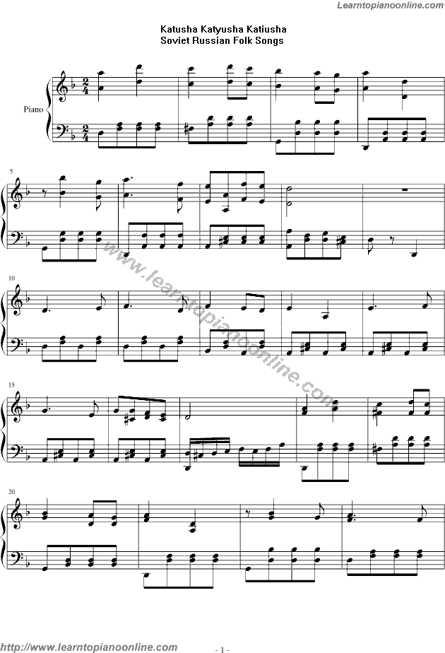 Katusha Katyusha Katiusha Soviet Russian Folk Songs Free Piano Sheet Music