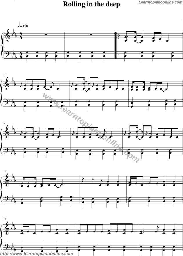 Rolling In The Deep by Adele Laurie Blue Adkins Free Piano Sheet Music Chords Tabs Notes Tutorial Score