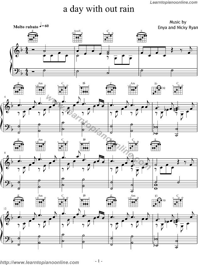 Bandari - A Day Without Rain Free Piano Sheet Music Chords Tabs Notes Tutorial Score