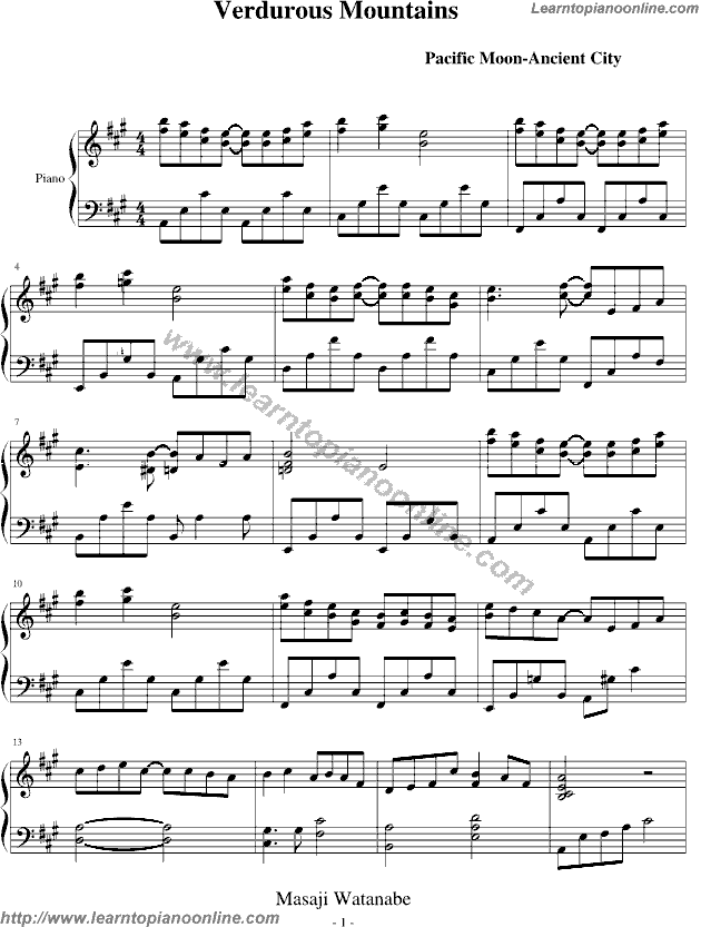 Masaji Watanabe - Verdurous Mountains Pacific Moon Free Piano Sheet Music Chords Tabs Notes Tutorial Score