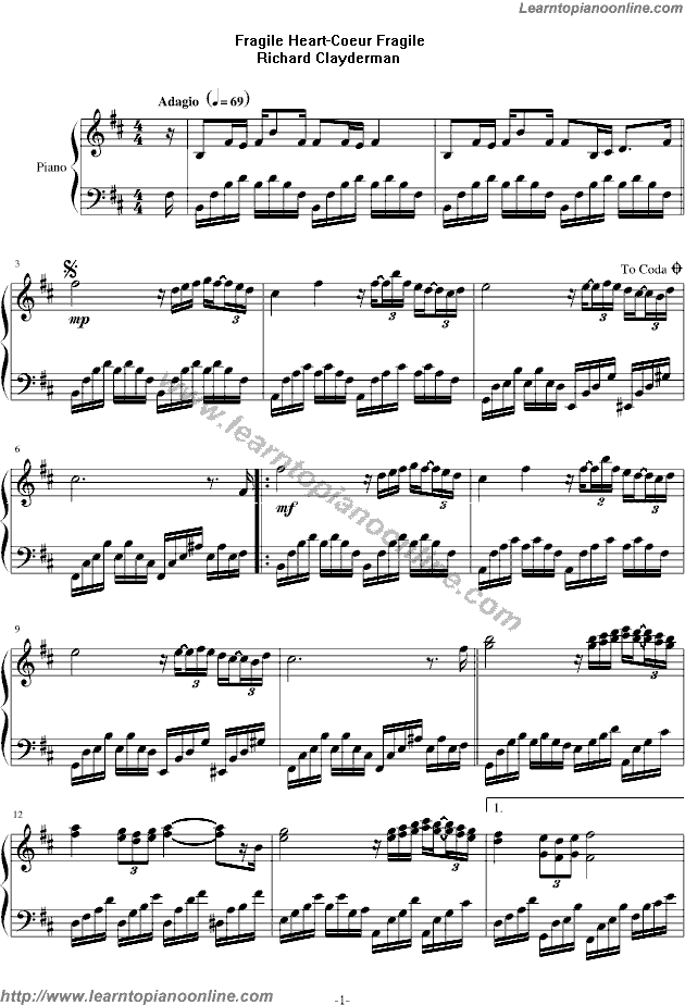 Fragile Heart-Coeur Fragile - Richard Clayderman Free Piano Sheet Music Chords Tabs Notes Tutorial Score
