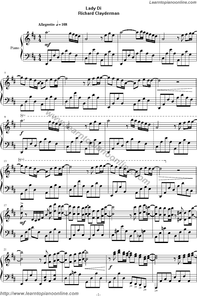 Richard Clayderman - Lady Di/Lady Diana Free Piano Sheet Music Chords Tabs Notes Tutorial Score