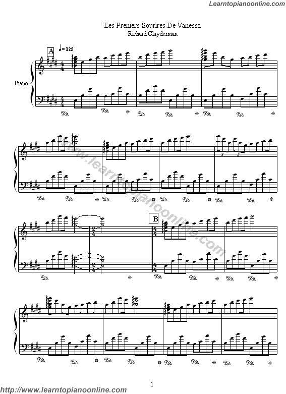 Richard Clayderman - Les Premiers Sourires de Vanessa Free Piano Sheet Music Chords Tabs Notes Tutorial Score