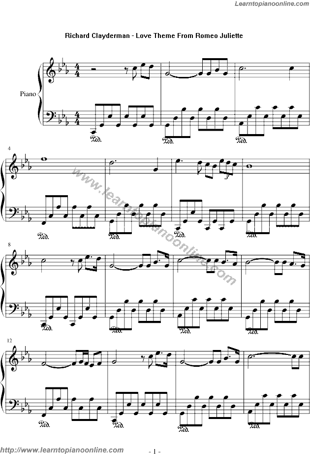 Richard Clayderman - Love Theme From Romeo Juliette Piano Sheet Music Chords Tabs Notes Tutorial Score Free