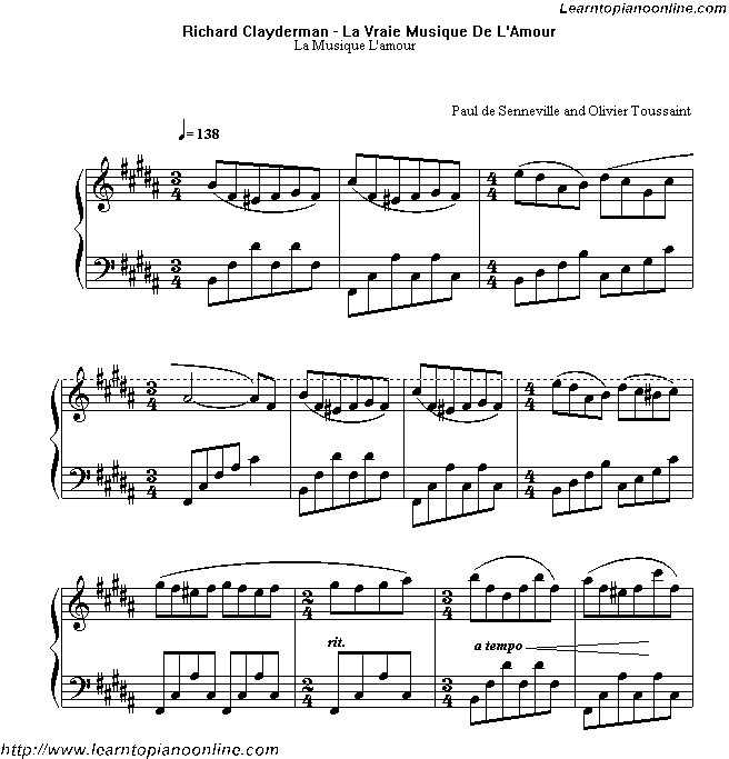 Richard Clayderman - La Vraie Musique De L'Amour Piano Sheet Music Chords Tabs Notes Tutorial Score Free