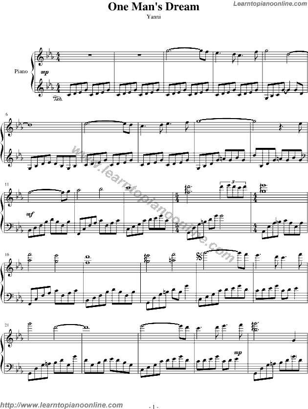 Yanni - One Man's Dream(version2) Piano Sheet Music Chords Tabs Notes Tutorial Score Free