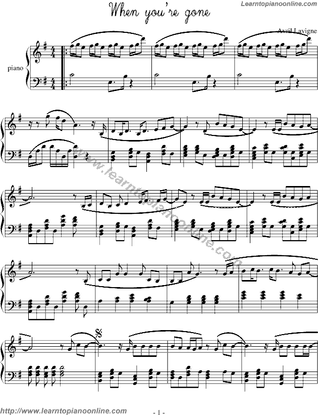 Avril Lavigne - When You're Gone Piano Sheet Music Free