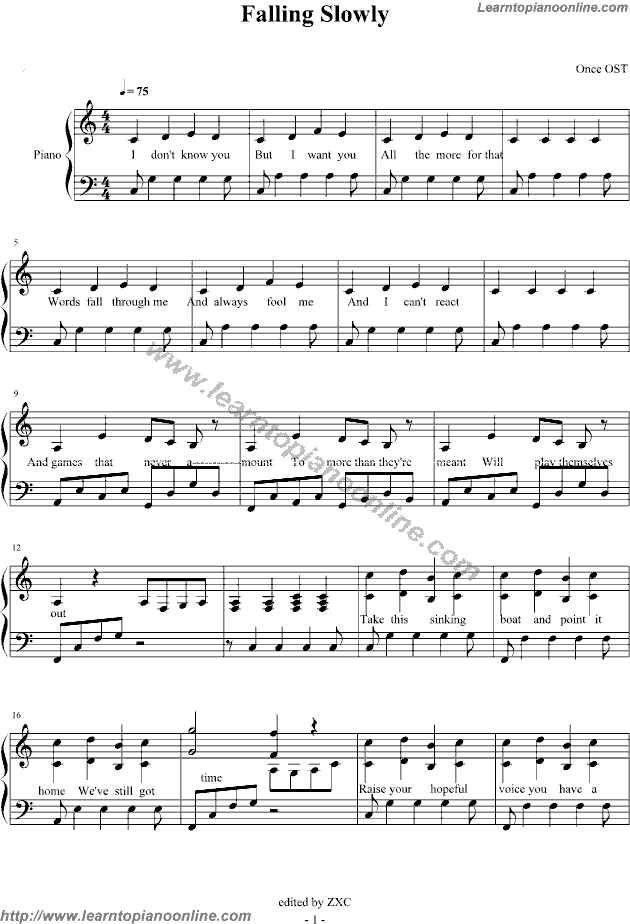 Falling Slowly by Once Piano Sheet Music Free