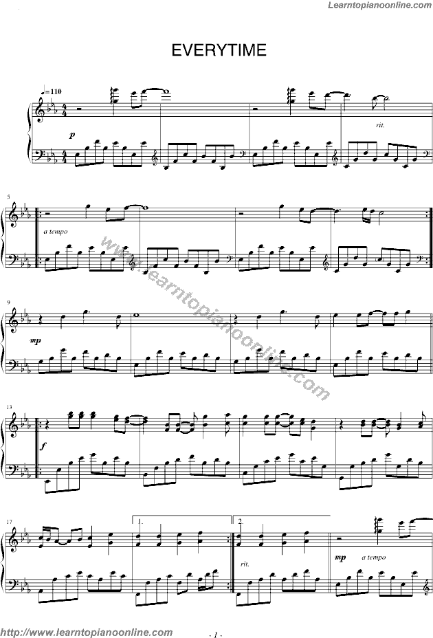 Everytime by Britney Spears Piano Sheet Music Free