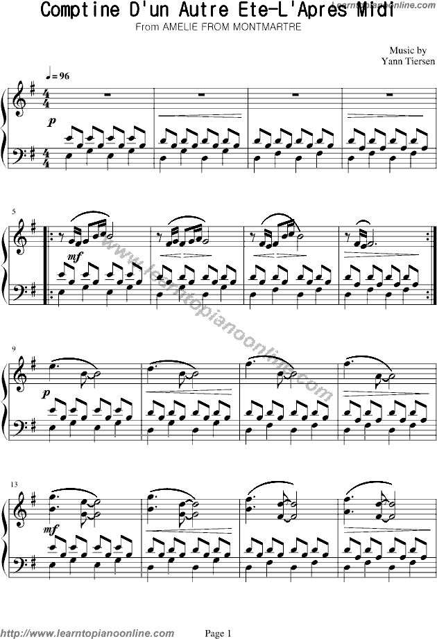 Comptine D'un Autre Ete-L'Apres Midi by Yann Tiersen Piano Sheet Music Free