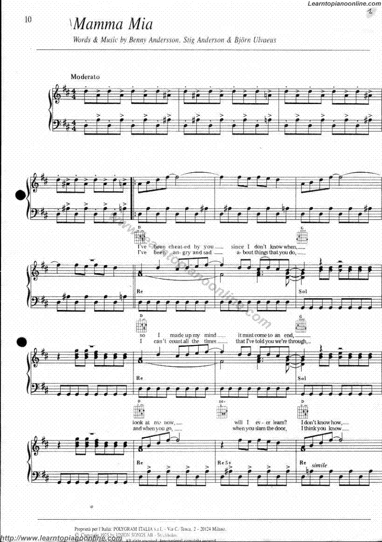 Mamma Mia by Abba Free Piano Sheet Music Chords Tabs Notes Tutorial Score