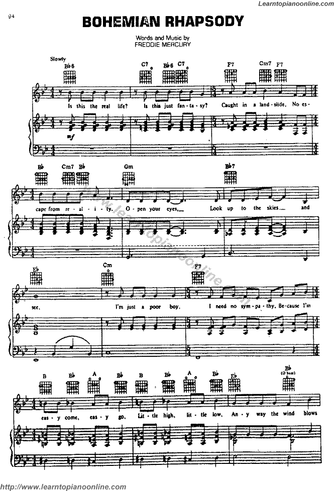Bohemian Rhapsody by Queen Free Piano Sheet Music Chords Tabs Notes Tutorial Score