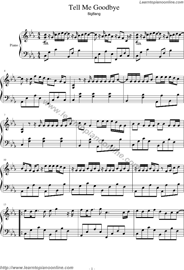 Bigbang - Tell Me Goodbye Free Piano Sheet Music Chords Tabs Notes Tutorial Score