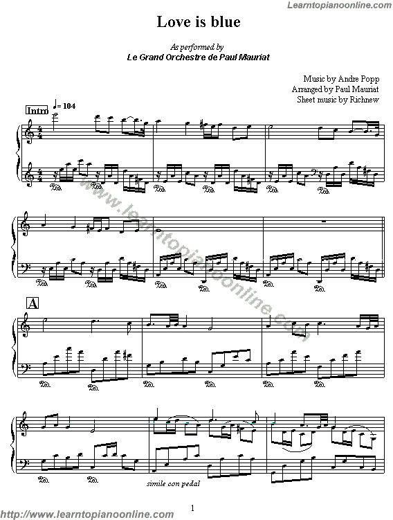 Richard Clayderman - Love is Blue (L'amour est bleu) Piano Sheet Music Chords Tabs Notes Tutorial Score Free