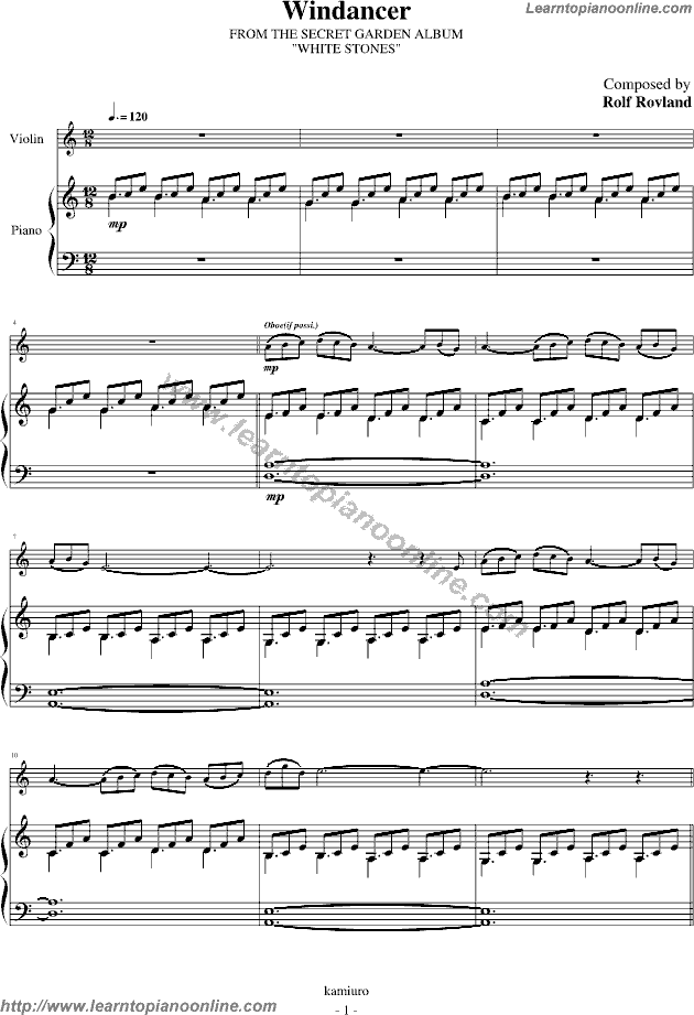 Secret Garden - Windancer-Wind Dancer Piano Sheet Music Chords Tabs Notes Tutorial Score Free